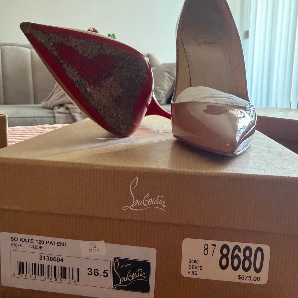 Christian Louboutin So Kate Patent Beige and Red Heels